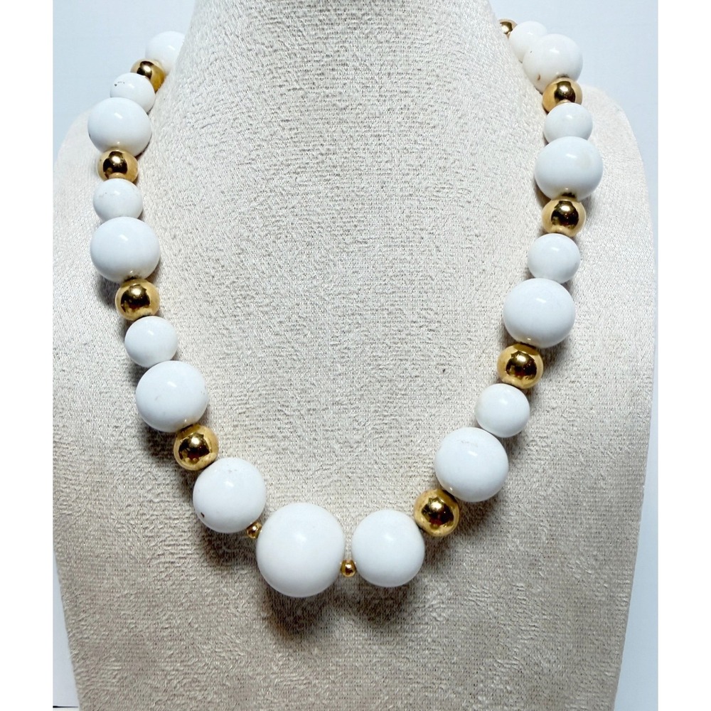 Vintage Monet White Bead Necklace with Gold Accents – 17 Inches